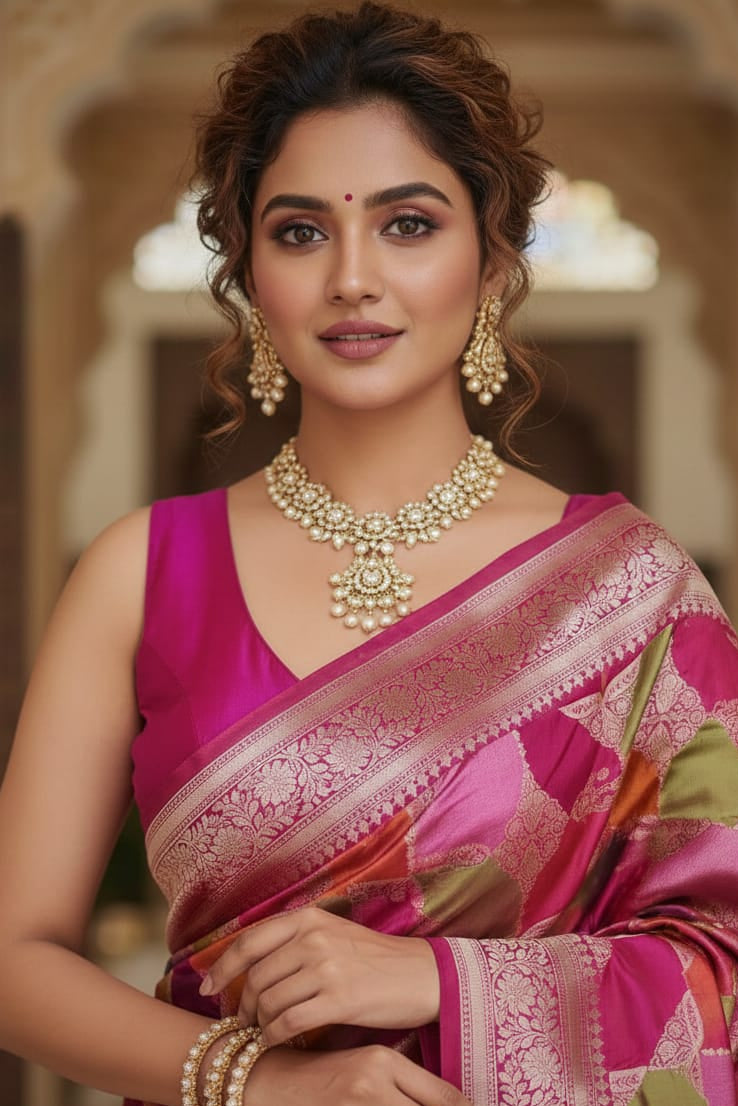Woman in a pink saree with jewelry in an ornate setting