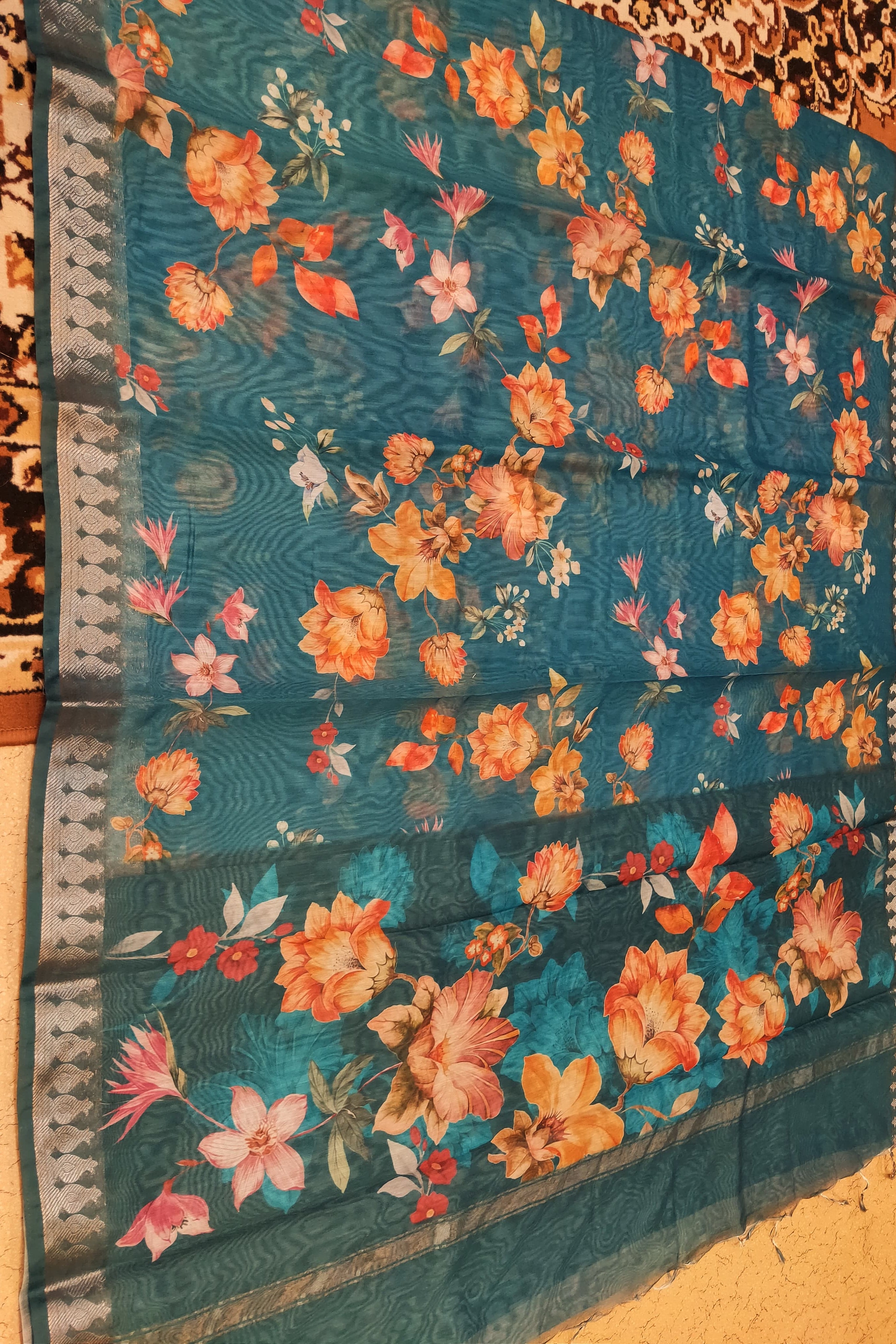 Floral patterned fabric on a textured surface
