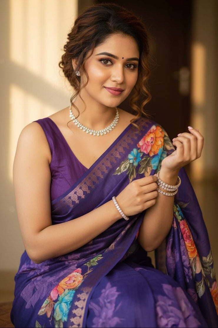 Woman in a purple saree with floral patterns, wearing jewelry, indoors.