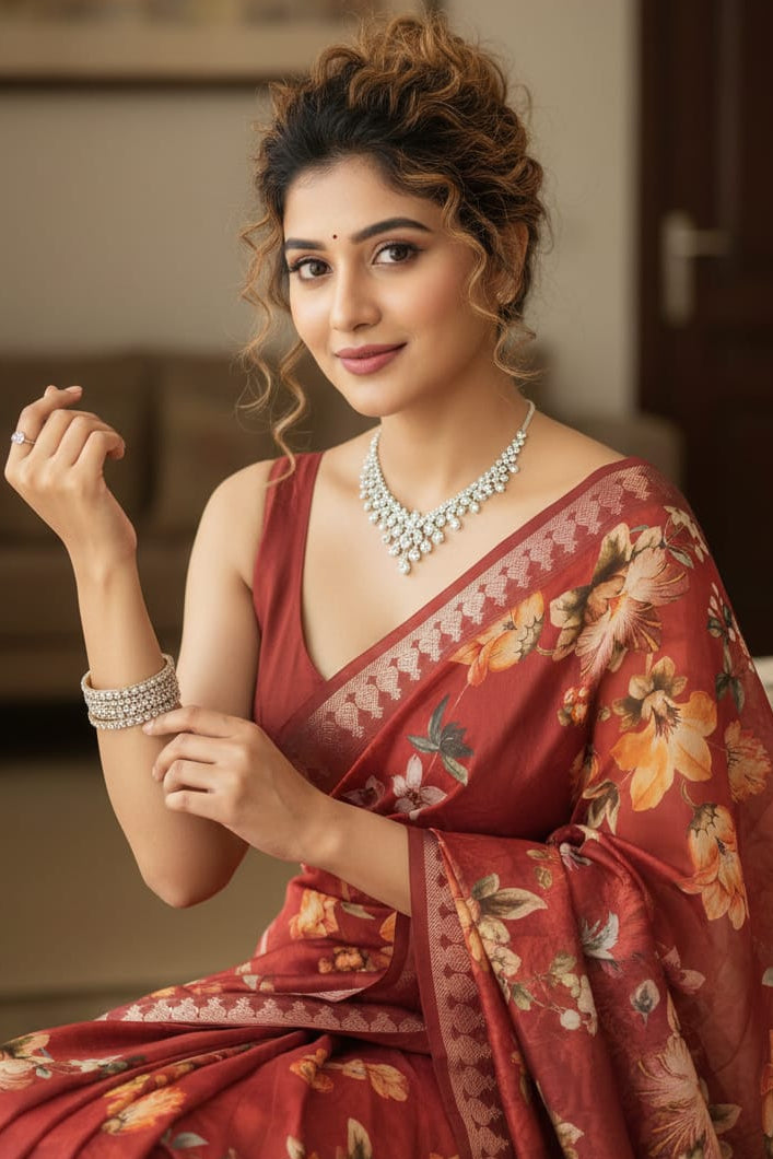 Woman in a red saree with floral patterns indoors