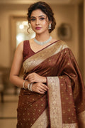 Woman in a brown saree with gold details indoors