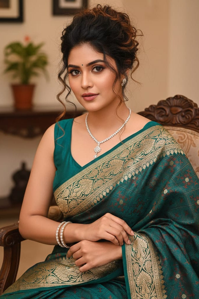Woman in a green saree with gold patterns sitting indoors.