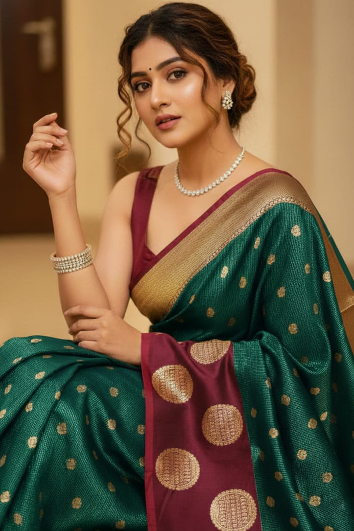 Woman wearing a green saree with gold patterns and a maroon blouse.