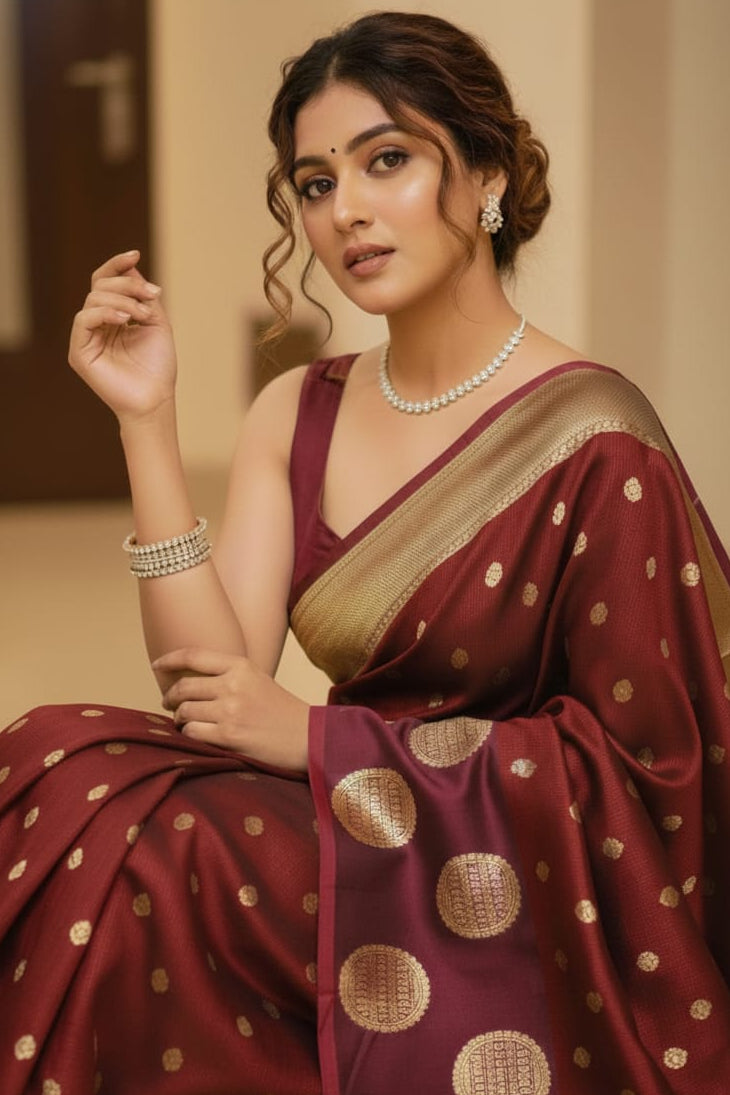 Woman wearing a maroon saree with gold patterns, sitting indoors.
