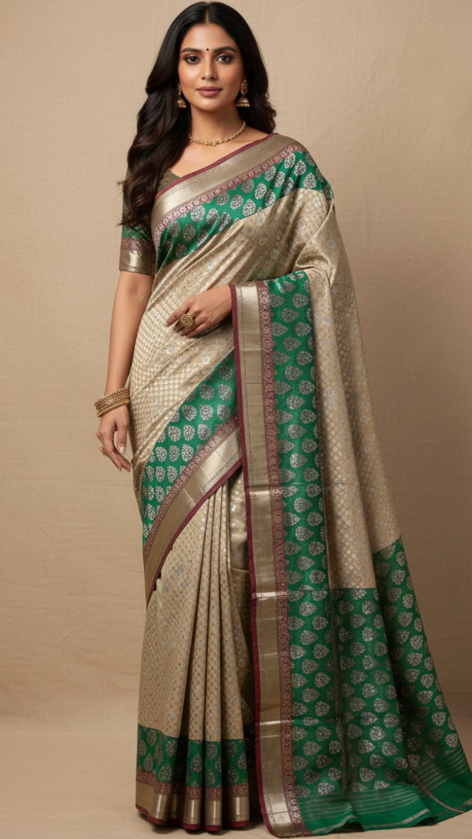 Woman wearing a traditional saree with green and beige patterns on a beige background
