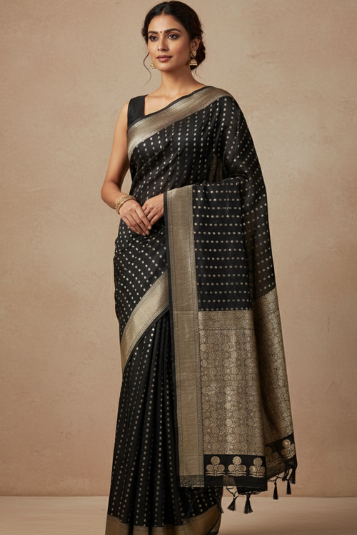 Woman wearing a black and gold saree against a beige background
