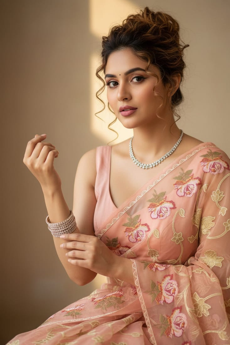 Woman in a pink saree with floral patterns against a neutral background
