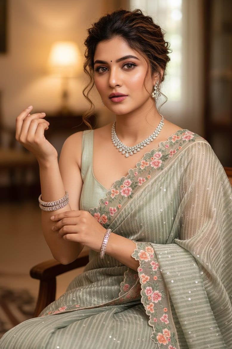 Woman in a light green saree with floral patterns, sitting indoors.