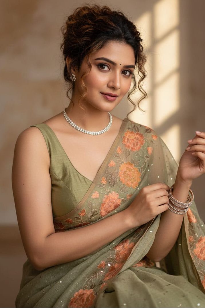 Woman in a green saree with floral patterns indoors