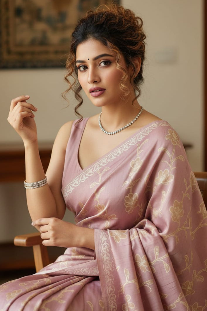 Woman in a pink saree with gold patterns indoors