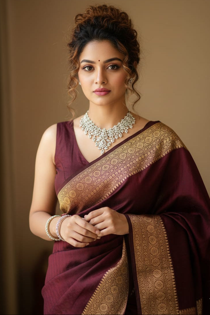 Woman wearing a maroon saree with gold border against a beige background