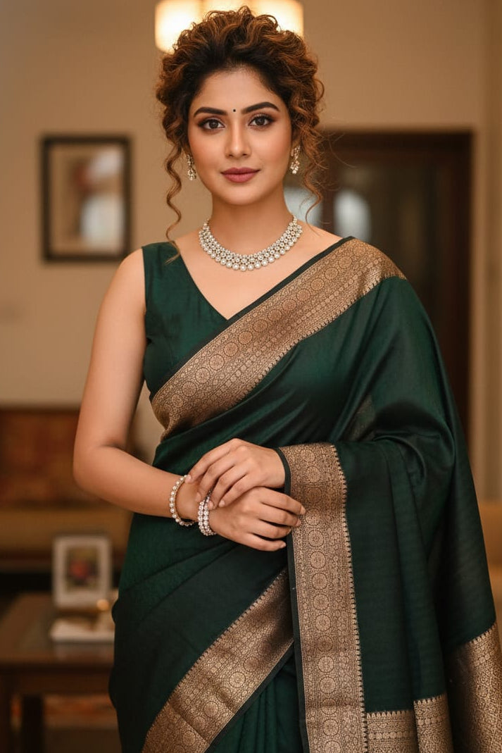 Woman in a green saree with gold border indoors