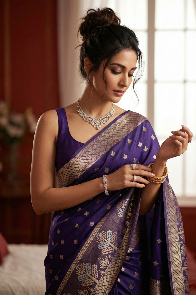 Purple dola silk banarasi saree with alfi meenakari