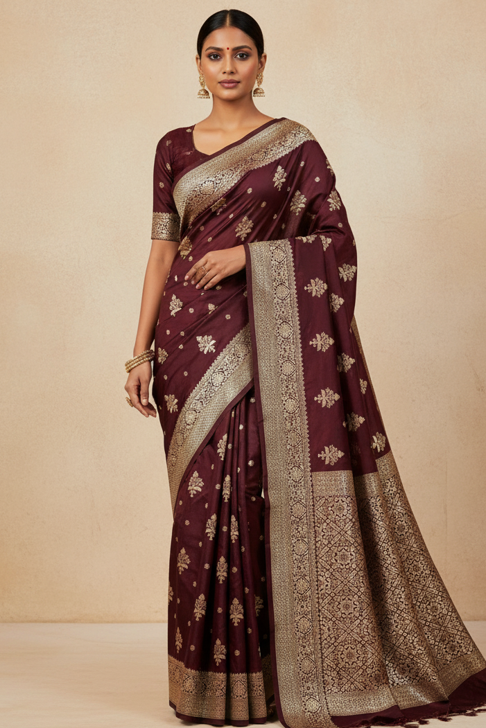 Woman wearing a maroon saree with gold patterns on a beige background