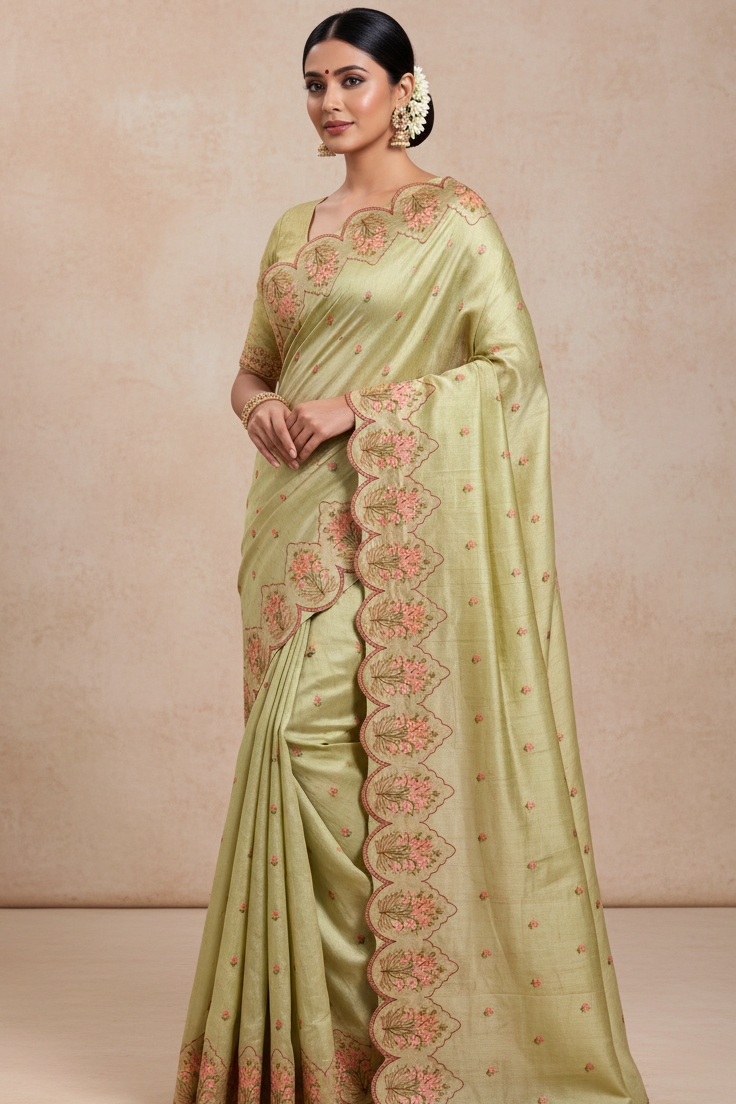 Woman wearing a light green saree with floral patterns on a beige background