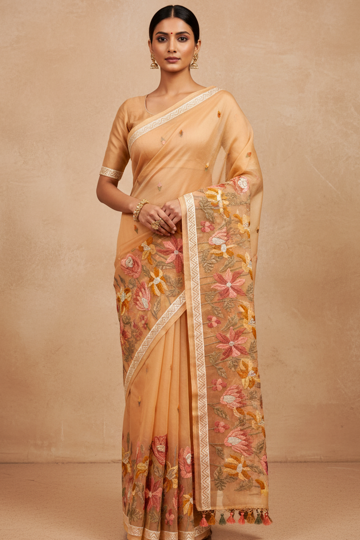 Woman wearing a beige saree with floral patterns on a beige background