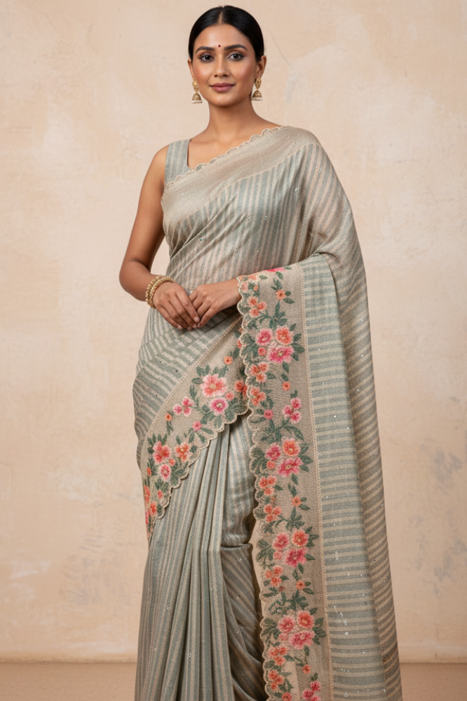 Woman wearing a light gray saree with floral patterns on a beige background