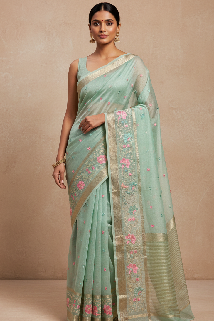 Woman wearing a light green saree with floral patterns on a beige background