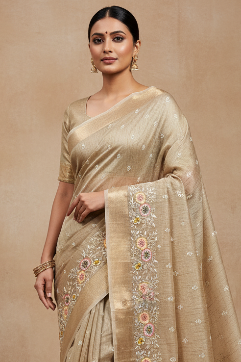 Woman wearing a beige saree with floral embroidery on a beige background