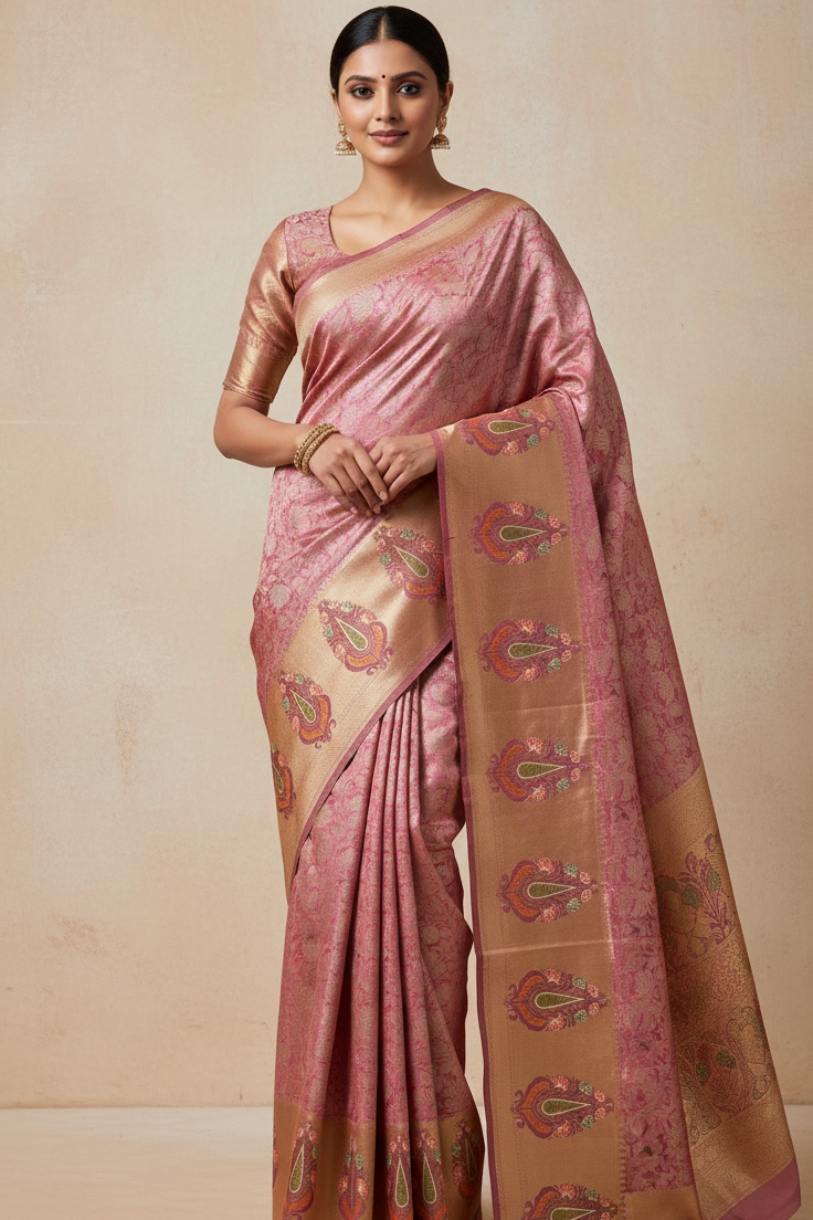 Woman wearing a pink and beige saree with a plain background