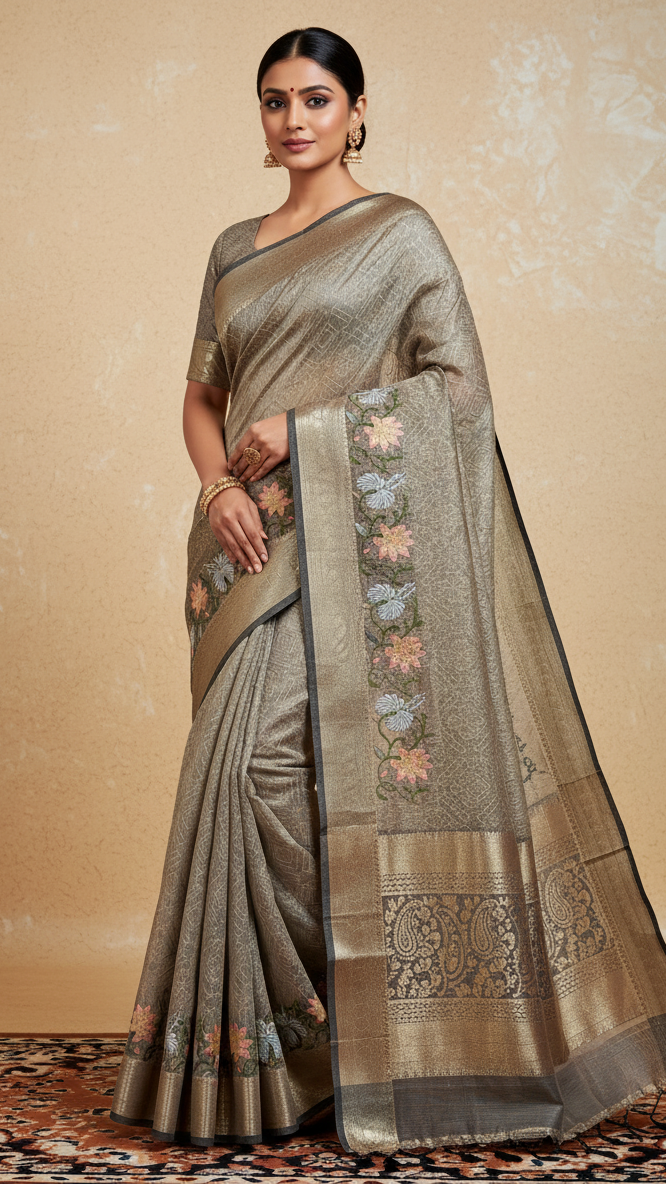 Woman wearing a traditional saree with intricate patterns on a beige background