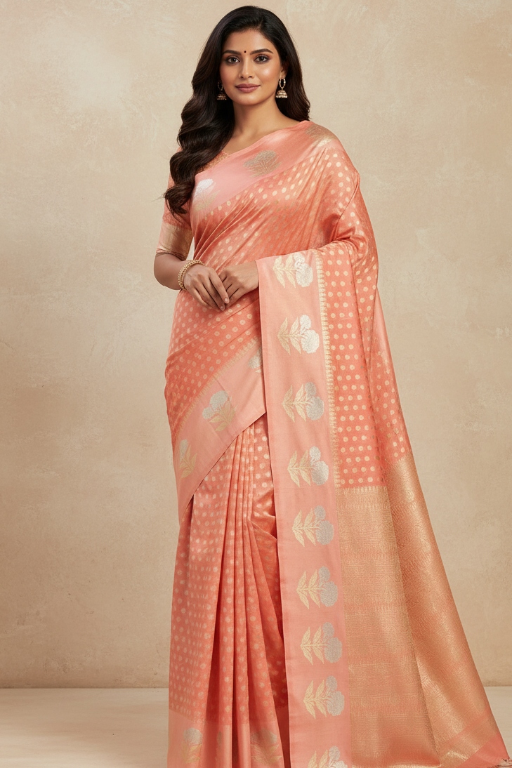 Woman wearing a peach saree with a beige background