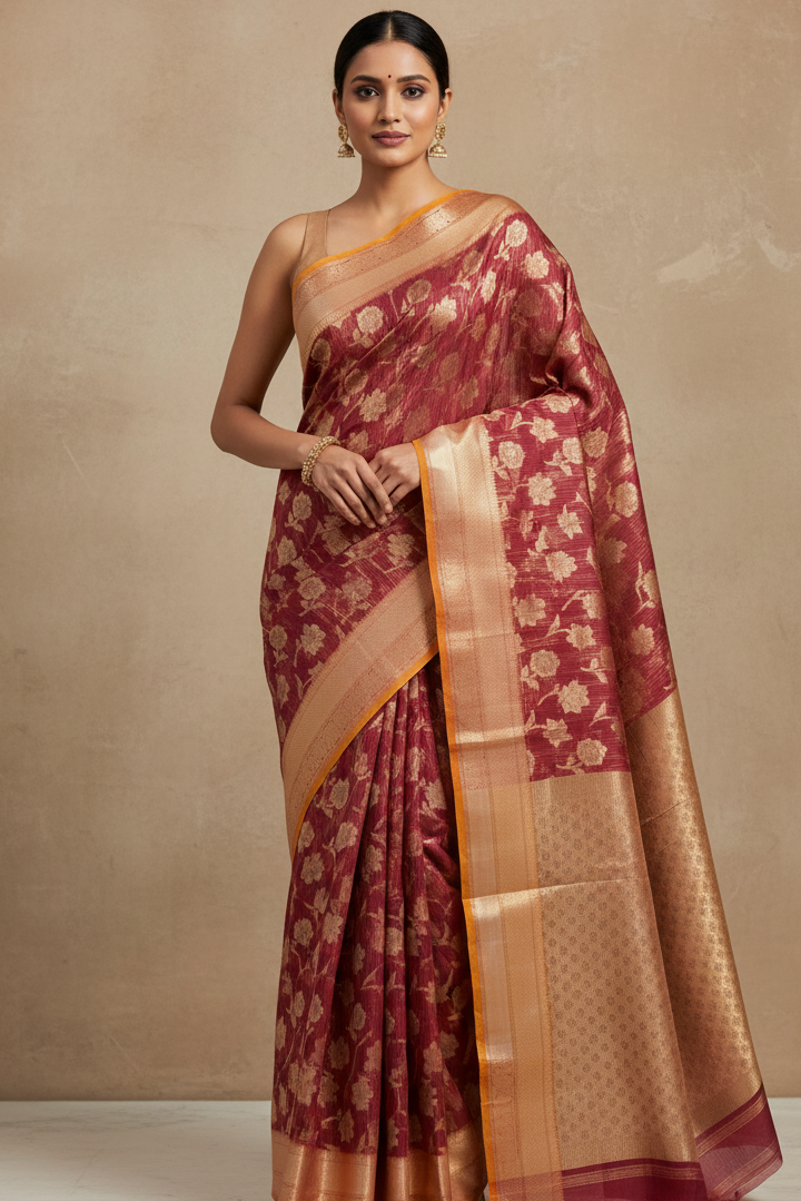 Woman wearing a maroon saree with gold border against a beige background