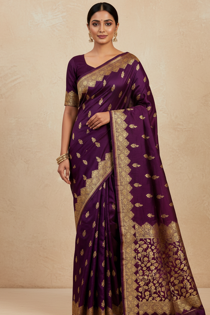 Woman wearing a purple saree with gold patterns on a beige background