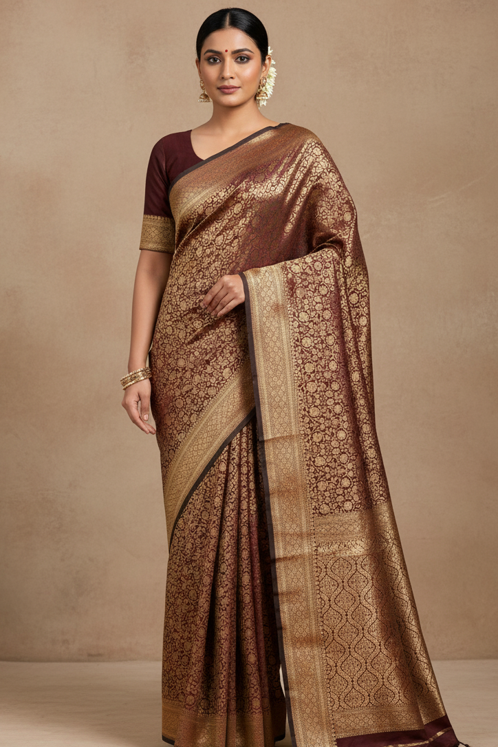 Woman wearing a brown and gold saree against a beige background