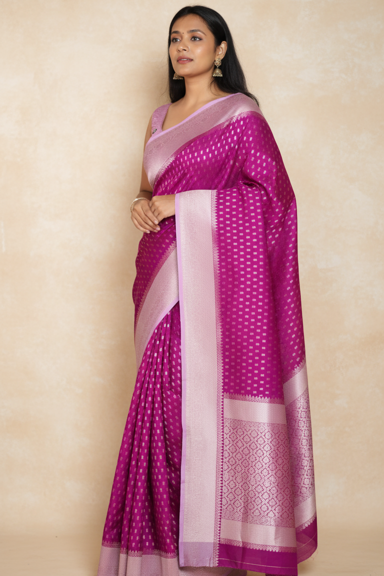 Woman wearing a pink saree with a beige background