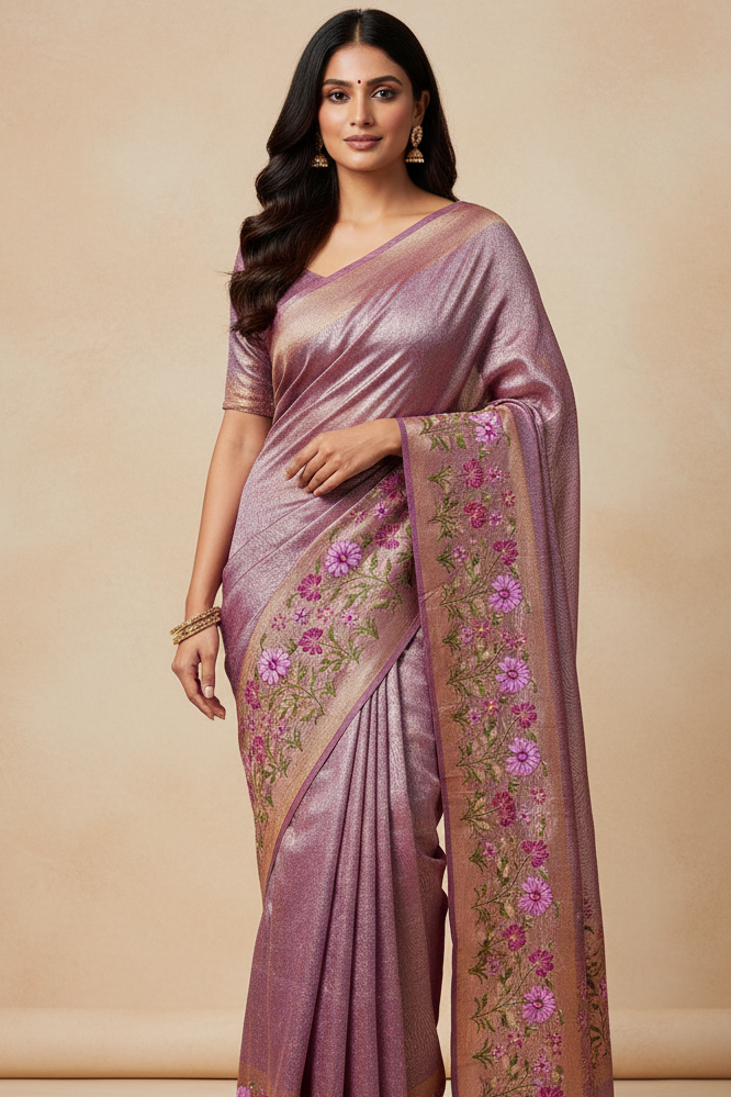 Woman wearing a pink saree with floral patterns on a beige background