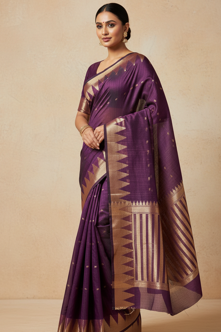 Woman wearing a purple saree with gold patterns on a beige background