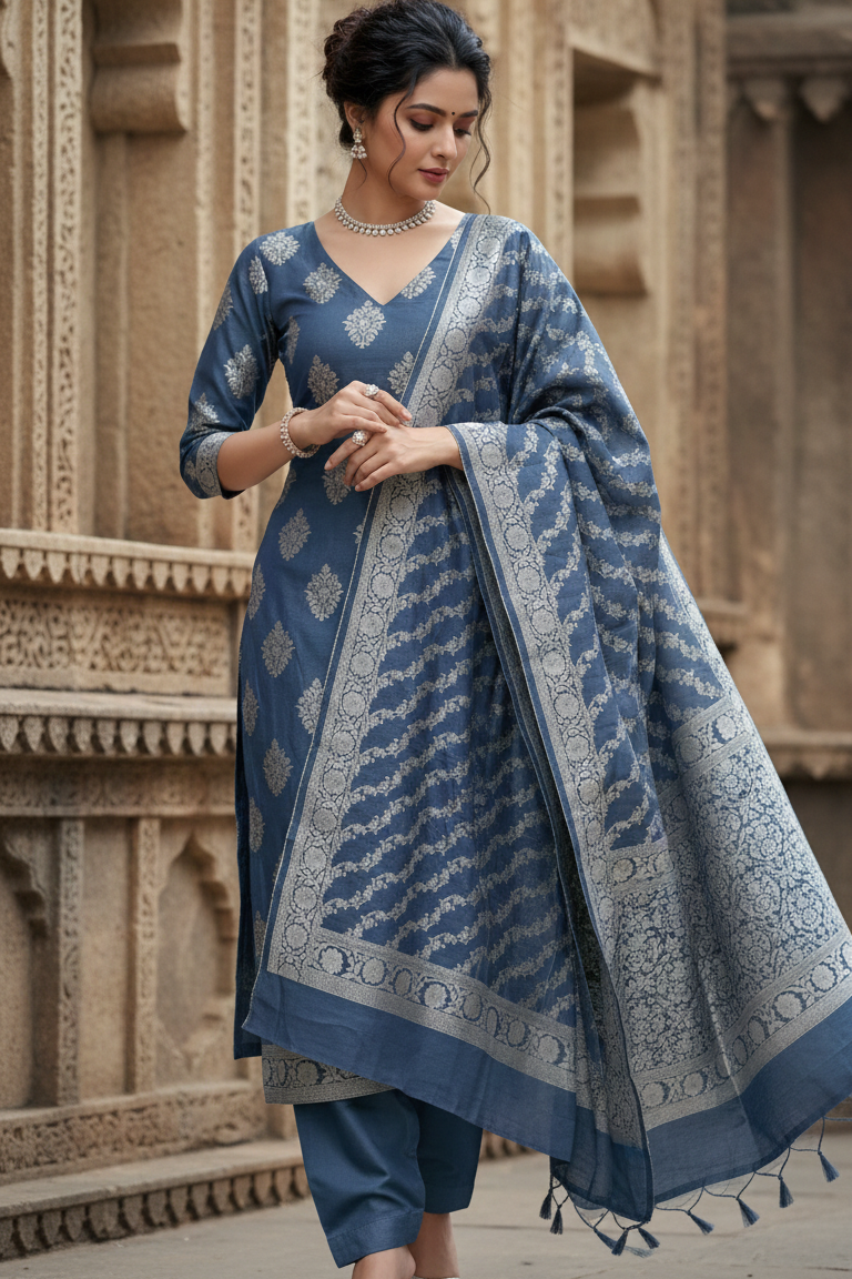 Woman in a blue traditional outfit with a matching dupatta standing in front of an architectural background.