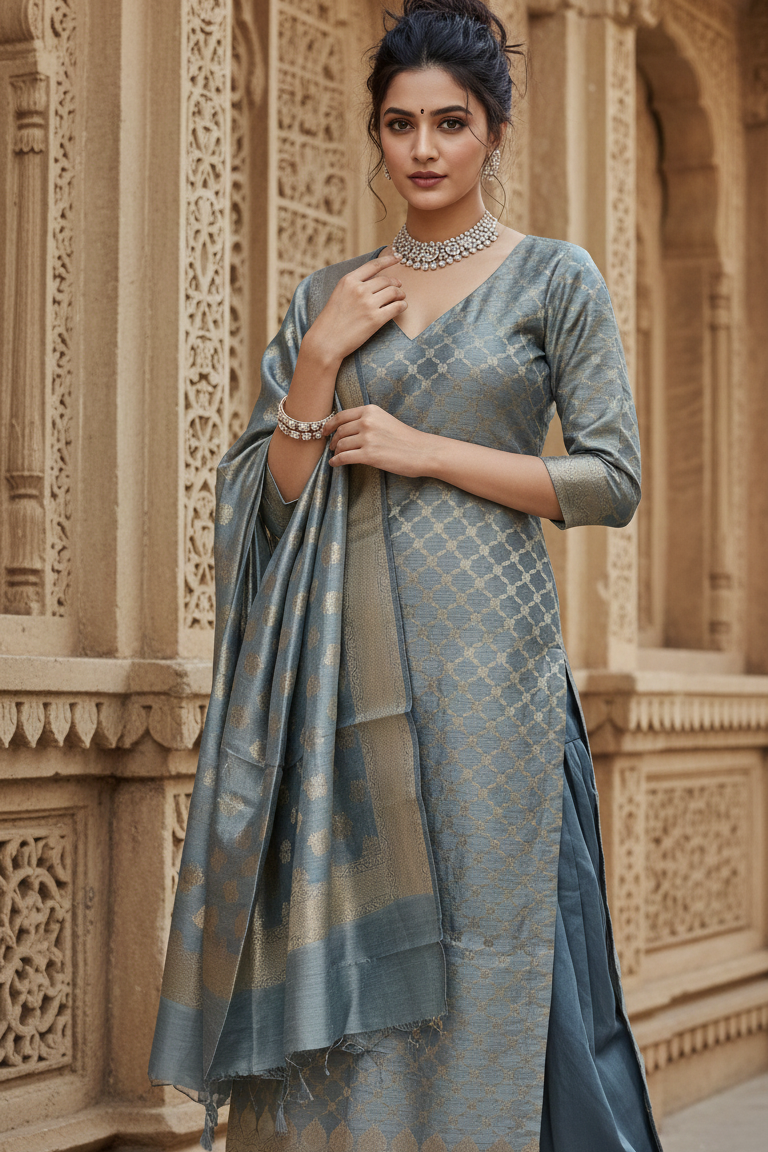 Woman in traditional attire standing in front of architectural background