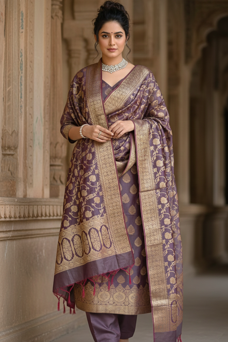 Woman wearing a traditional outfit with a patterned shawl in an architectural setting