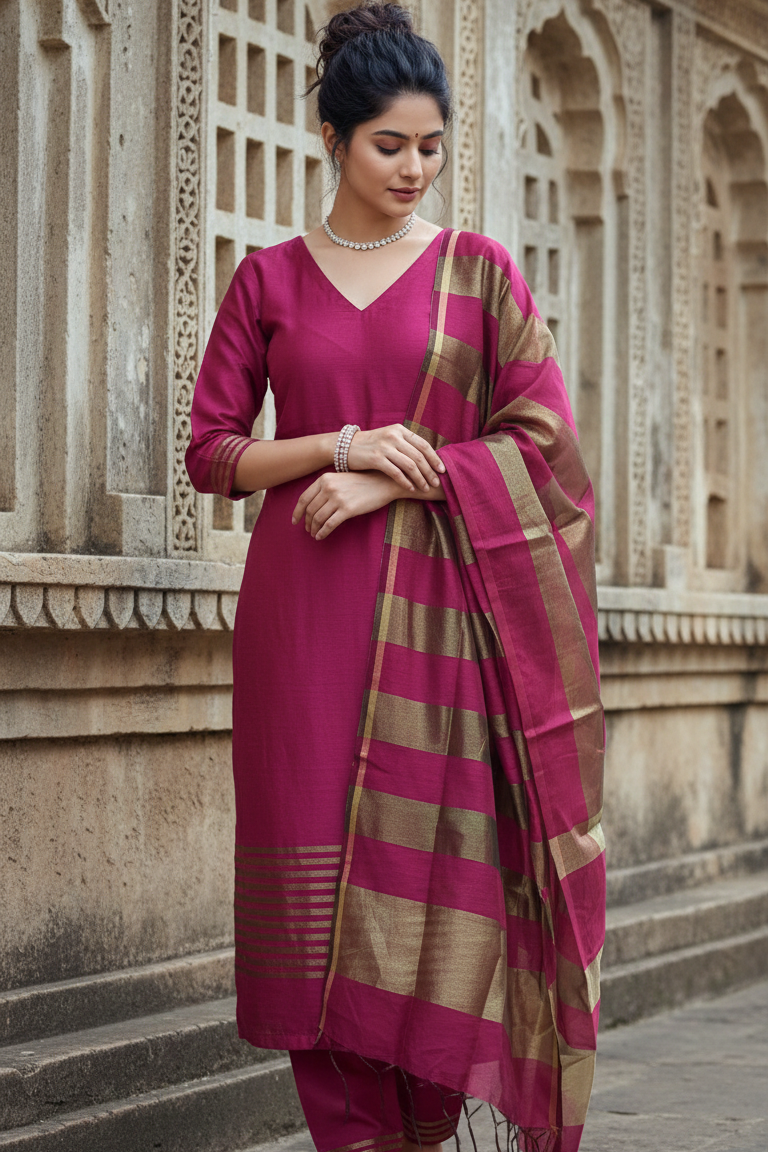 Woman in a pink traditional outfit with a striped dupatta standing in front of an architectural background.