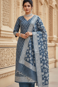 Dusty cotton linen blue 3pc Banarasi suit
