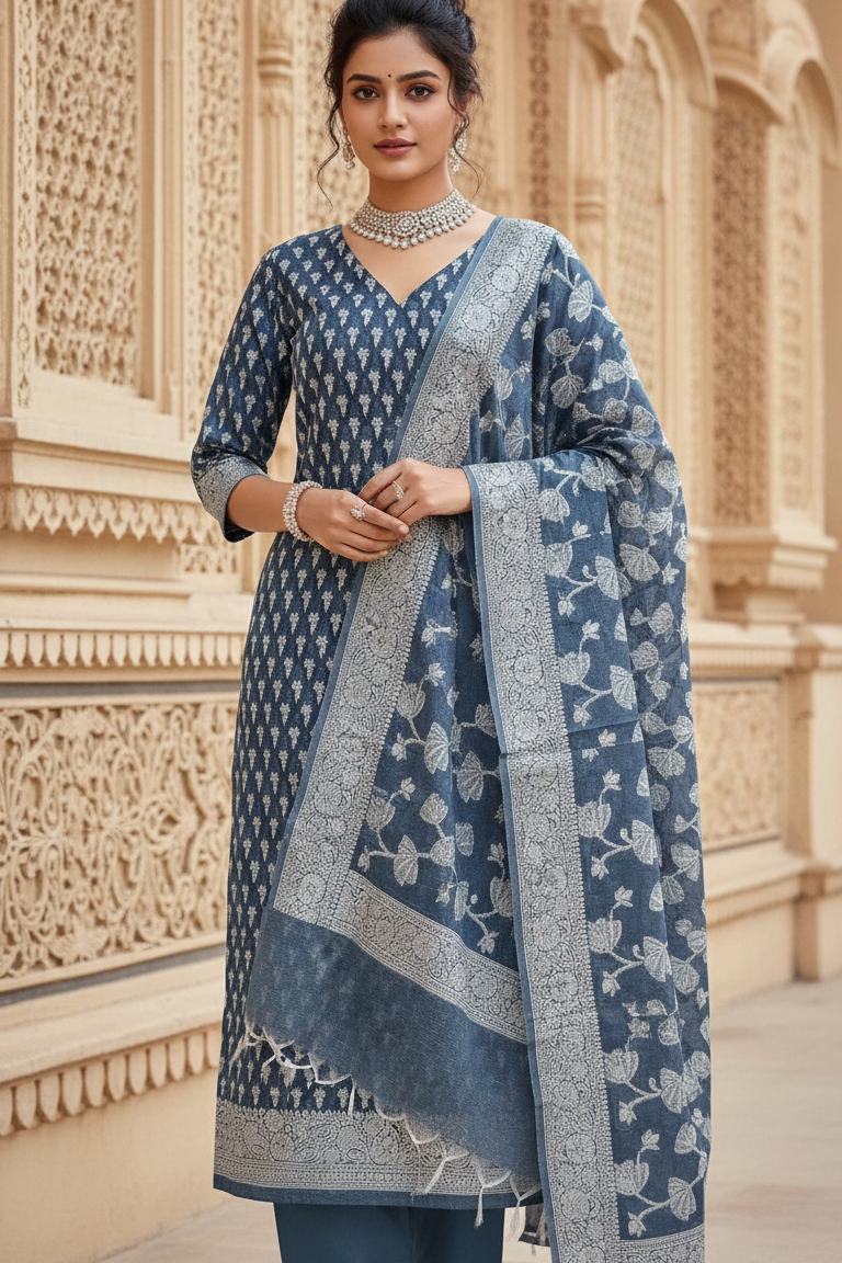 Dusty cotton linen blue 3pc Banarasi suit