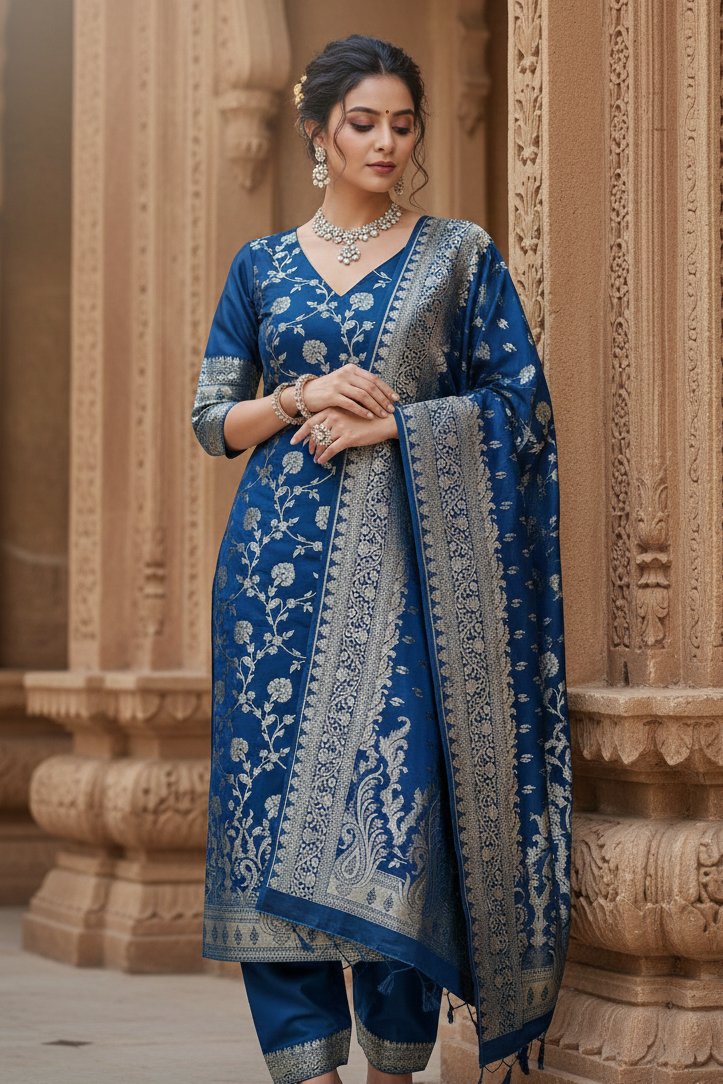 Blue 3pc cotton banarasi suit