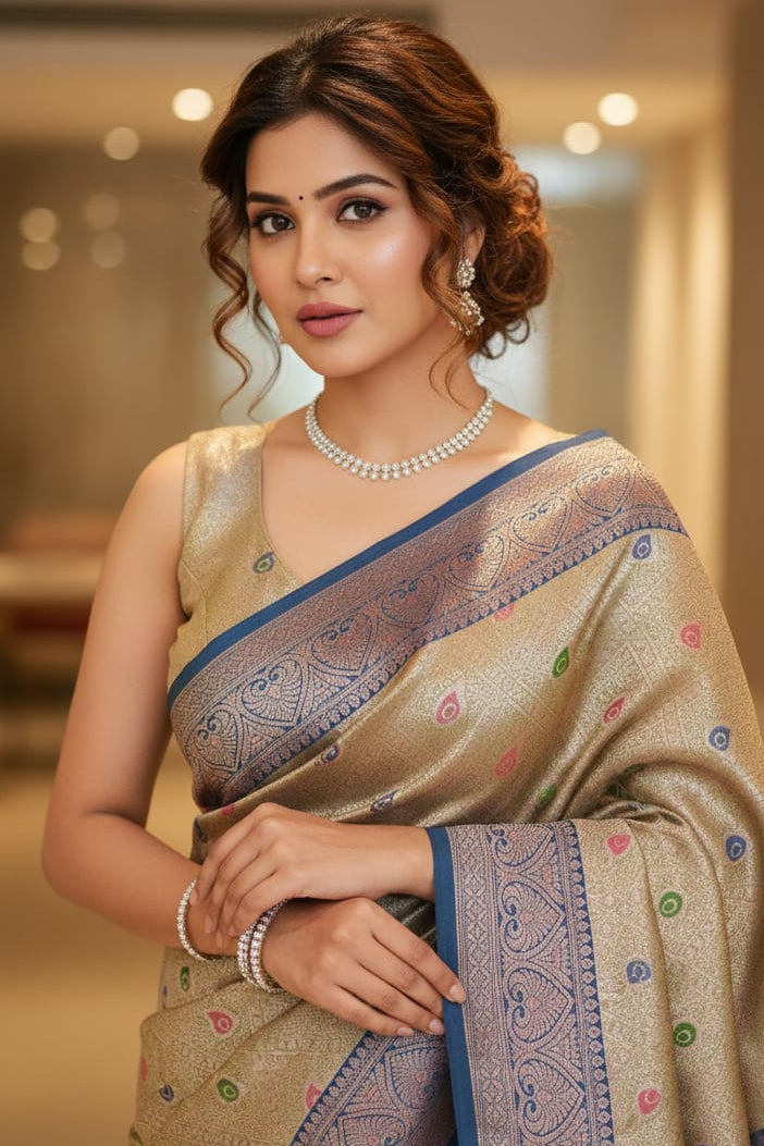 Woman wearing a traditional saree with intricate patterns indoors.