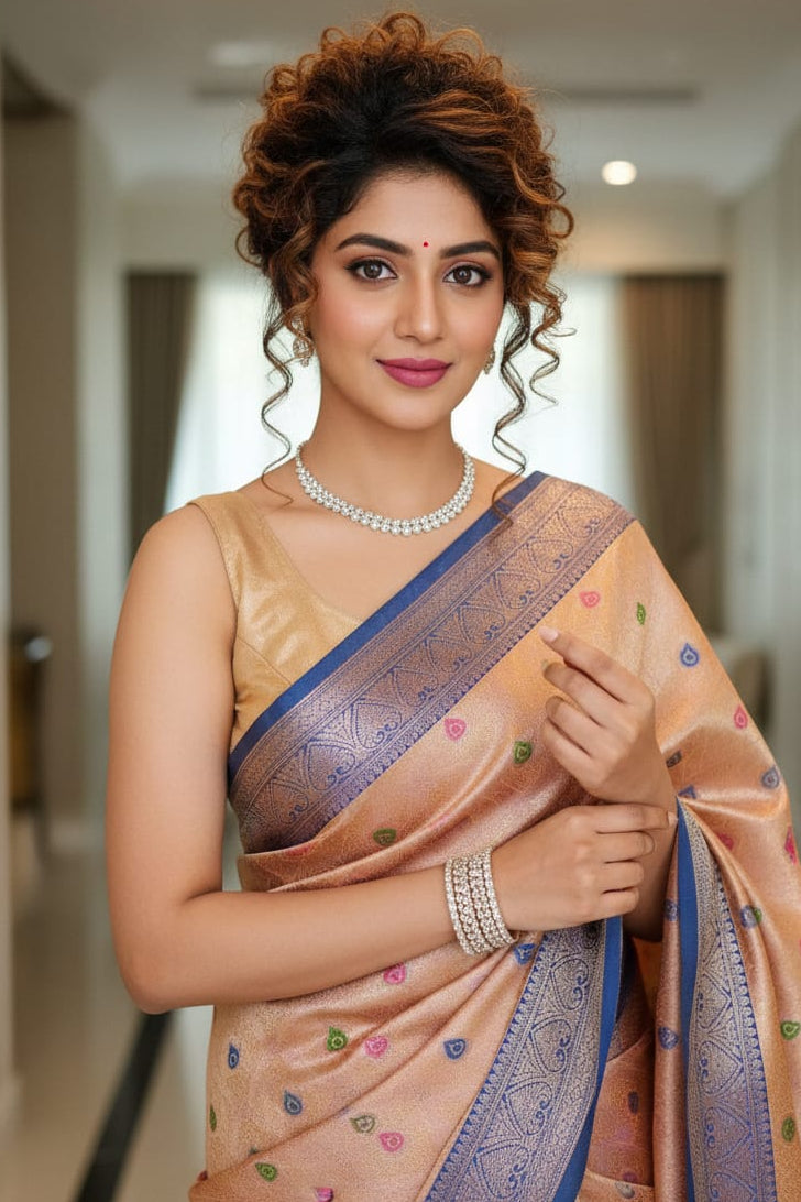 Woman in a traditional saree with a blurred indoor background