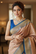 Woman wearing a traditional saree with a blue blouse in an indoor setting
