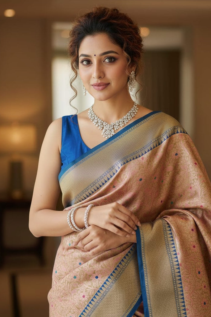 Woman wearing a traditional saree with a blue blouse in an indoor setting