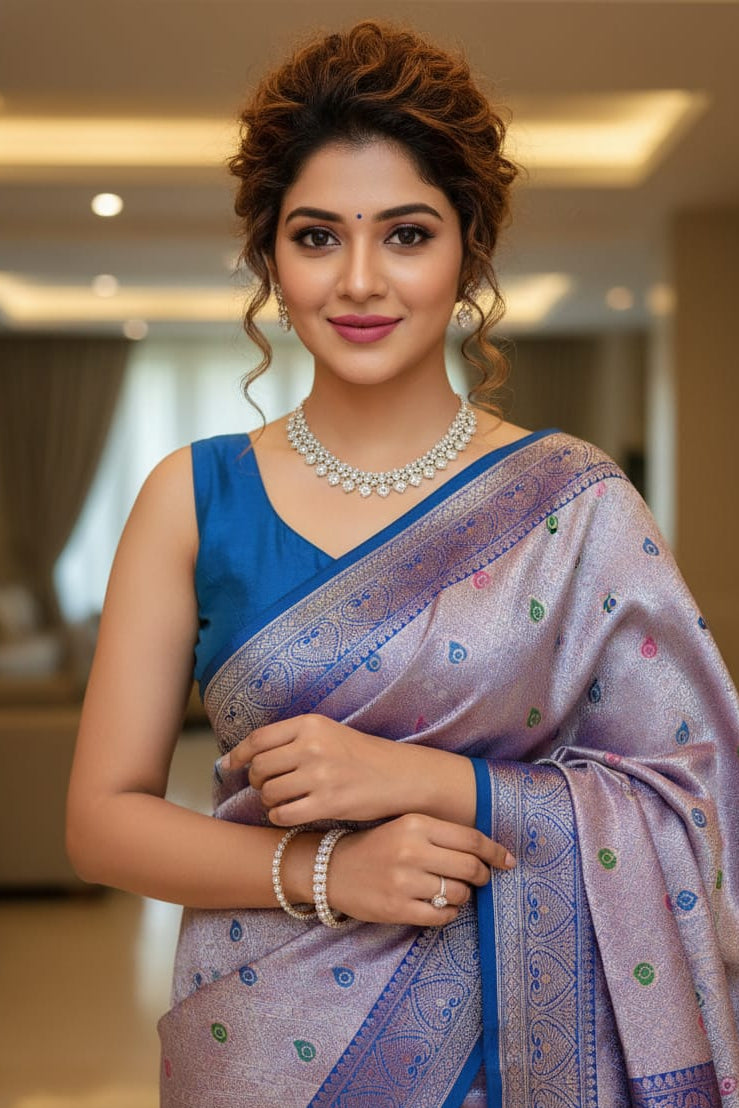 Woman in a blue and pink saree with jewelry indoors