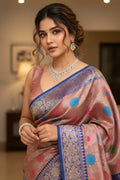 Woman wearing a traditional saree with a decorative pattern indoors.