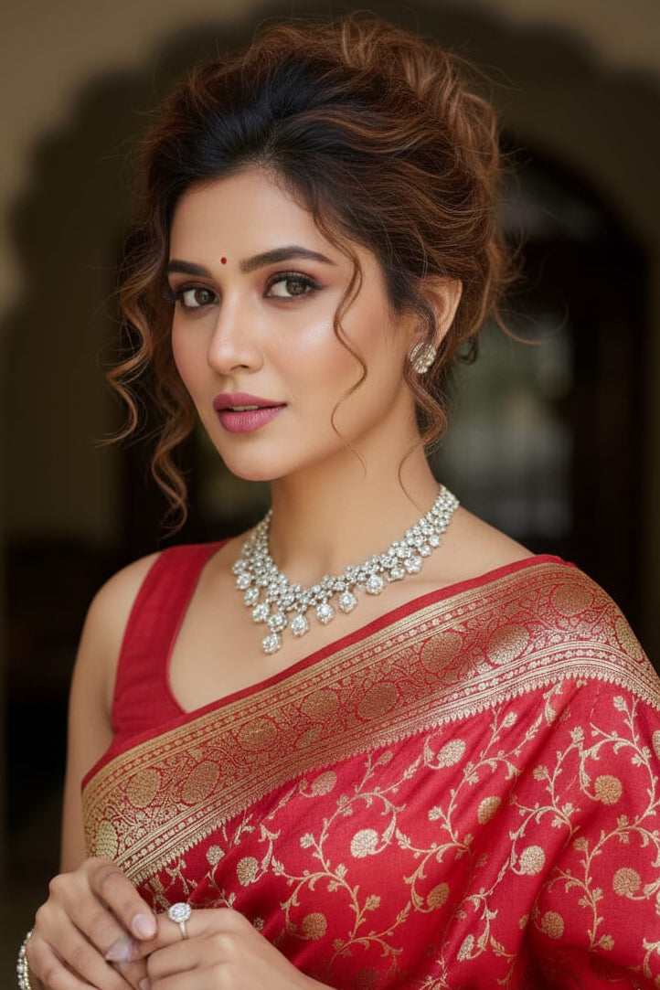 Woman wearing a red saree with gold patterns and jewelry.