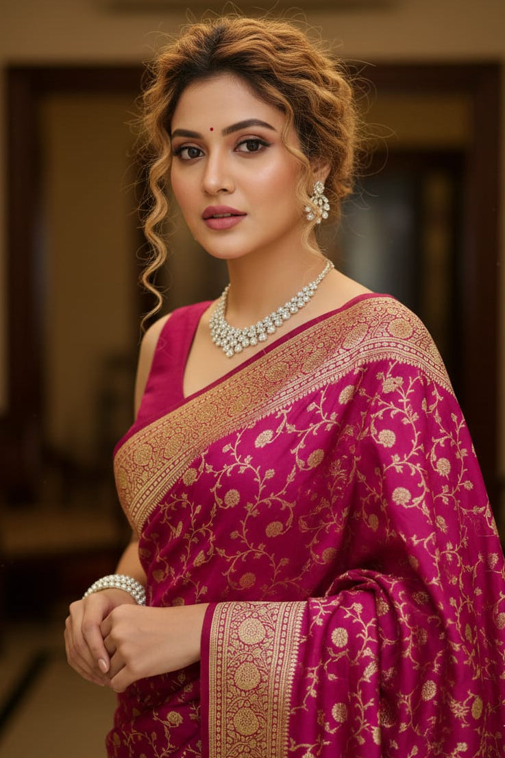 Woman wearing a traditional pink saree with gold patterns indoors.
