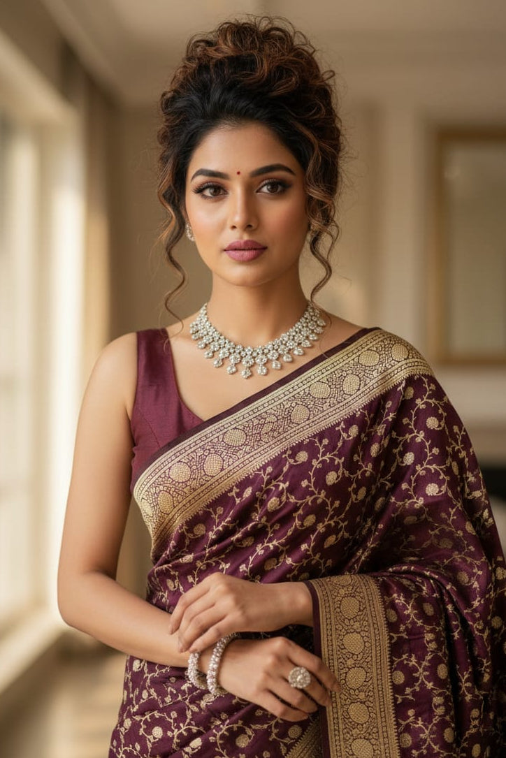 Woman in a traditional maroon saree with gold border indoors