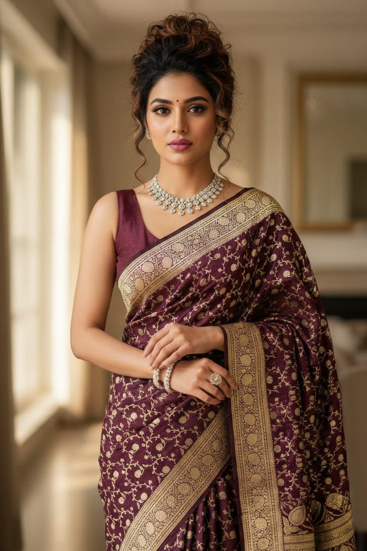Woman in a traditional maroon saree with gold patterns indoors