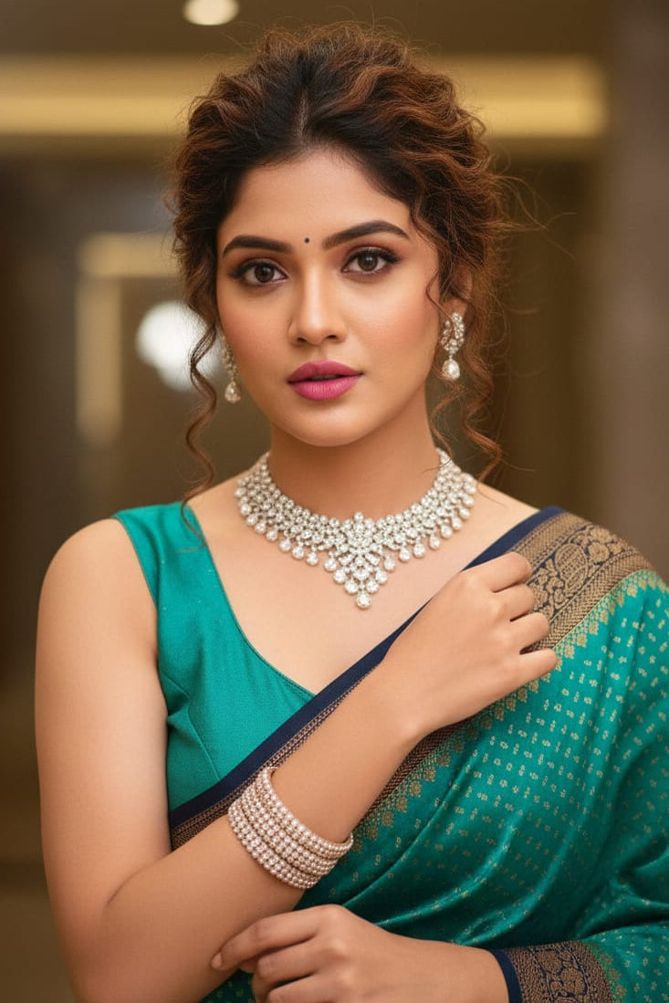 Woman in a teal saree with jewelry against a blurred background